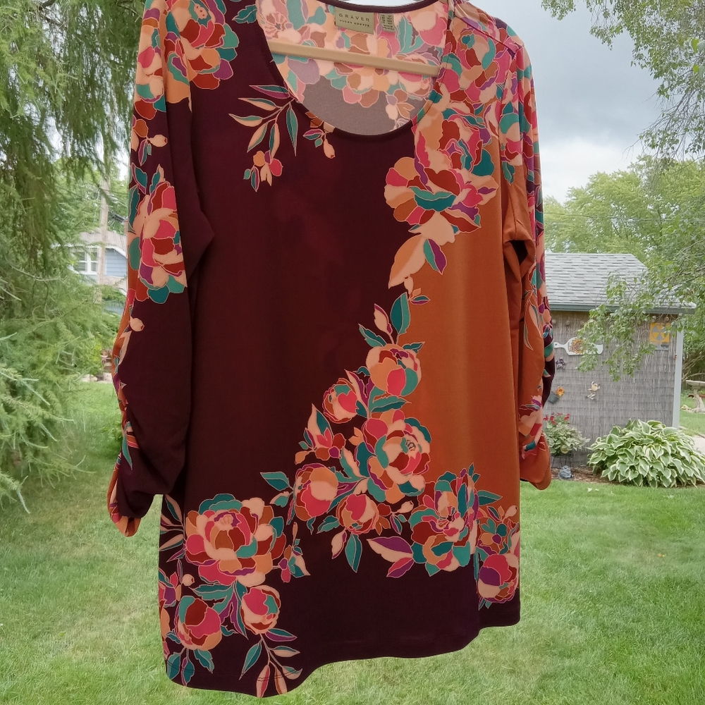 Susan Graver Printed Liquid Knit Ruched Sleeve Tunic, PL